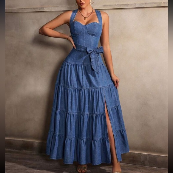 Boho Women Dark Wash High Slit Criss Cross Back Ruffle Hem Long Denim Dress - Picture 3 of 6